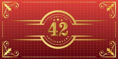 42nd anniversario logo con d'oro squillo, coriandoli e oro confine isolato su elegante rosso sfondo, brillare, vettore design per saluto carta e invito carta