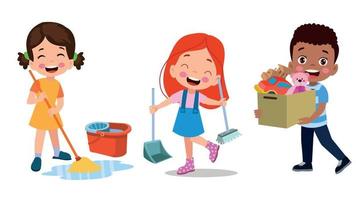 vettore cartone animato bambini pulizia a casa impostato bambini nel vario pulizia posizioni