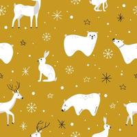 carino bianca inverno animali sotto nevicata nel hygge stile su giallo sfondo.. senza soluzione di continuità vettore modello con lepri, orsi e cervo. nuovo anno e Natale vacanze