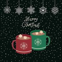 caldo cioccolato con marshmallows. un' tazza con un ornamento nel il modulo di i fiocchi di neve e il iscrizione allegro Natale. vettore illustrazione.