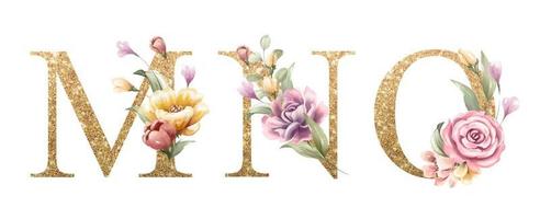 d'oro alfabeto impostato di m, n, oh, con fiori e le foglie acquerello vettore