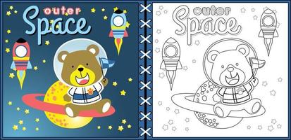 vettore cartone animato di divertente orso nel astronauta costume seduta su Saturno pianeta con razzo, spazio elemento, colorazione pagina o libro
