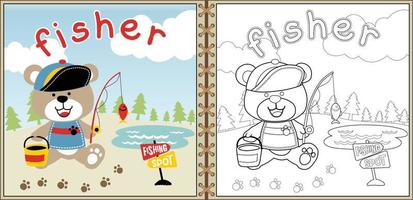 cartone animato vettore di carino orso pesca, colorazione pagina o libro