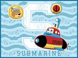 cartone animato vettore di divertente sottomarino con carino orso Sorridi viso su blu onda sfondo, marinaio elemento illustrazione