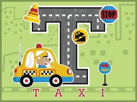 cartone animato vettore di carino orso guida Taxi, traffico elementi illustrazione su grande t alfabeto