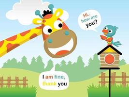 cartone animato vettore di poco uccello su gabbia salutare divertente giraffa nel il giardino