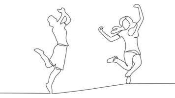 disegno a linea continua di quattro membri del team che saltano felici vettore