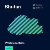 vettore creativo digitale neon piatto linea arte astratto semplice carta geografica di bhutan con verde, menta, turchese a strisce struttura su buio blu sfondo. educativo striscione, manifesto di bhutan