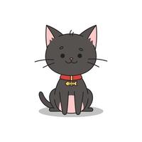 carino contento nero gatto nel un' rosso collare con un' oro medaglione nel il modulo di pesce. gatto nel kawaii stile. mano disegnato vettore illustrazione.