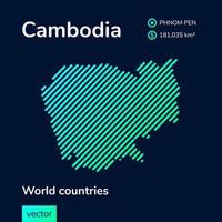 vettore creativo digitale neon piatto linea arte astratto semplice carta geografica di Cambogia con verde, menta, turchese a strisce struttura su buio blu sfondo. educativo striscione, manifesto di Cambogia