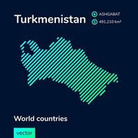 vettore creativo digitale neon piatto linea arte astratto semplice carta geografica di turkmenistan con verde, menta, turchese a strisce struttura su buio blu sfondo. educativo striscione, manifesto di turkmenistan