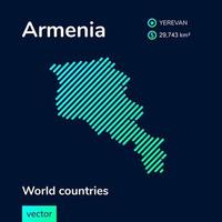 vettore creativo digitale neon piatto linea arte astratto semplice carta geografica di Armenia con verde, menta, turchese a strisce struttura su buio blu sfondo. educativo striscione, manifesto di Armenia