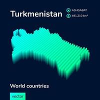 turkmenistan 3d carta geografica. stilizzato neon semplice digitale isometrico a strisce vettore illustrazione. carta geografica di turkmenistan è nel verde, turchese e menta colori su il buio blu sfondo