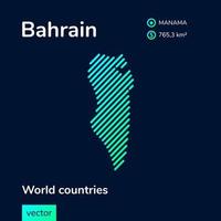vettore creativo digitale neon piatto linea arte astratto semplice carta geografica di bahrain con verde, menta, turchese a strisce struttura su buio blu sfondo. educativo striscione, manifesto di bahrain