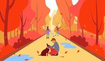 famiglia nel autunno, vettore illustrazione di un' contento famiglia nel il autunno su un' camminare in giro il parco. bambino e cane passeggiare attraverso il par