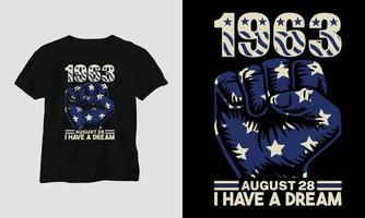 1963 agosto 28 io avere un' sognare - martin Lutero re jr. giorno maglietta design nel Stati Uniti d'America tema con nastro, cazzotto, bandiera vettore