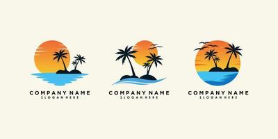 impostato di spiaggia e tramonto logo design con moderno concetto vettore