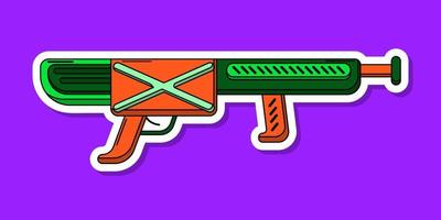 vettore cartone animato blaster etichetta. isolato colorato giocattolo pistola con bianca contorno. futuristico arma design