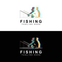 vettore icona logo pesca, pescare pesce sulla barca, design silhouette tramonto all'aperto