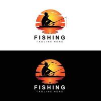 vettore icona logo pesca, pescare pesce sulla barca, design silhouette tramonto all'aperto