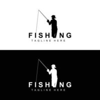 vettore icona logo pesca, pescare pesce sulla barca, design silhouette tramonto all'aperto