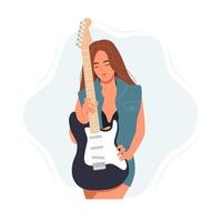 bellissimo donna musicista giocando elettrico chitarra. moderno ragazza chitarrista con musicale roccia strumento. femmina sedia a dondolo musica prestazione vettore