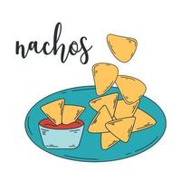 Mais patatine fritte con speziato salsa vettore illustrazione. latino americano cibo nachos