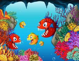 molti pesci esotici personaggio dei cartoni animati sullo sfondo sott'acqua vettore