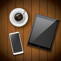 modello di mockup di smartphone e tablet con tazza di caffè vettore