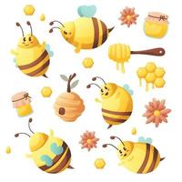 carino Grasso cartone animato ape animale etichetta impostato elemento con Favo, Miele, fiore, alveare per ragazzo bambini contento vettore