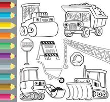 colorazione libro o pagina di divertente costruzione veicoli cartone animato, costruzione elementi vettore illustrazione