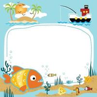 modello carta con marino vita cartone animato, pesca barca, estate isola. mare vita elementi vettore illustrazione