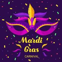 invito carta per un' carnevale festa. tradizionale maschera con piume, maracas, fuochi d'artificio, tropicale le foglie per carnevale, mardi gras, Festival, mascherata, parata. vettore