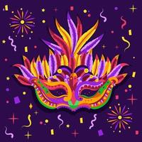 invito carta per un' carnevale festa. tradizionale maschera con piume, maracas, fuochi d'artificio, tropicale le foglie per carnevale, mardi gras, Festival, mascherata, parata. vettore