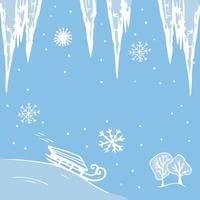 inverno carta con slitta, ghiaccioli, fiocchi di neve, nevicata. blu colore. vettore illustrazione.