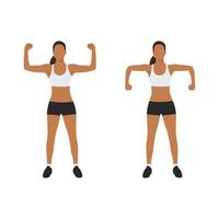 donna fare fare esercizio - spaventapasseri braccia gomito spalla rotazioni. piatto vettore illustrazione isolato su bianca sfondo