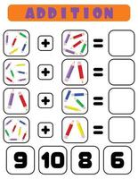 aggiunta di matite. un' compito per bambini. educativo sviluppo foglio. colore attività pagina. un' gioco per bambini. divertente carattere. cartone animato stile. vettore