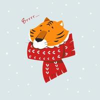 nuovo anni carino tigre nel un' sciarpa. celebrazioni carta design con carino tigre illustrazione. allegro Natale e contento nuovo anno. contento vacanze. vettore