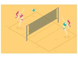 3d isometrico giocando spiaggia pallavolo su Marrone spiaggia sabbia. vettore isometrico illustrazione adatto per diagrammi, infografica, e altro grafico risorse