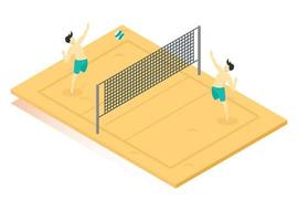 3d isometrico giocando spiaggia pallavolo su Marrone spiaggia sabbia. vettore isometrico illustrazione adatto per diagrammi, infografica, e altro grafico risorse