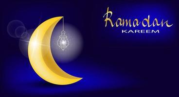 elegante Ramadan kareem con d'oro Luna e luminoso lanterna su blu sfondo vettore