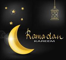 elegante Ramadan kareem con d'oro Luna e d'oro lampada su buio sfondo vettore