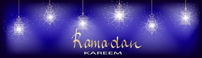 elegante Ramadan kareem con d'oro raggiante lanterne su un' blu sfondo vettore
