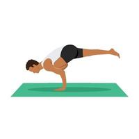 uomo fare yoga, pilates, fitness addestramento, asana eka pada Galavasana, volante Piccione o volante corvo posa, con una gamba sola equilibrio. piatto vettore illustrazione isolato su bianca sfondo