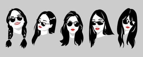 icona impostato di ritratti di bellissimo ragazze con bicchieri e lungo capelli, treccia. silhouette vettore design.