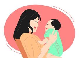 un' madre Tenere sua bambino con un' contento espressione, ridendo. lato Visualizza. metà corpo. concetto di genitori, famiglia. vettore piatto illustrazione.