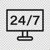 24 7 computer icona nel piatto stile. tutti giorno servizio vettore illustrazione su bianca isolato sfondo. supporto attività commerciale concetto.