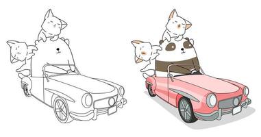 Pagina da colorare di cartoni animati Panda e gatti alla guida di auto vettore