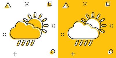 tempo metereologico icona nel comico stile. sole, nube e pioggia cartone animato vettore illustrazione su bianca isolato sfondo. meteorologia spruzzo effetto cartello attività commerciale concetto.
