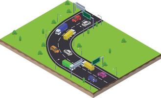isometrico scena di trasporto utilitaria auto nel curva autostrada traffico strada vettore